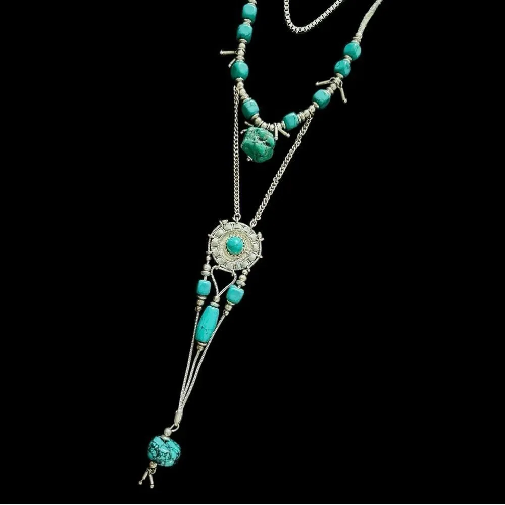 Silver Toned Faux Turquoise Stone Necklace Western Boho Leather Rawhide